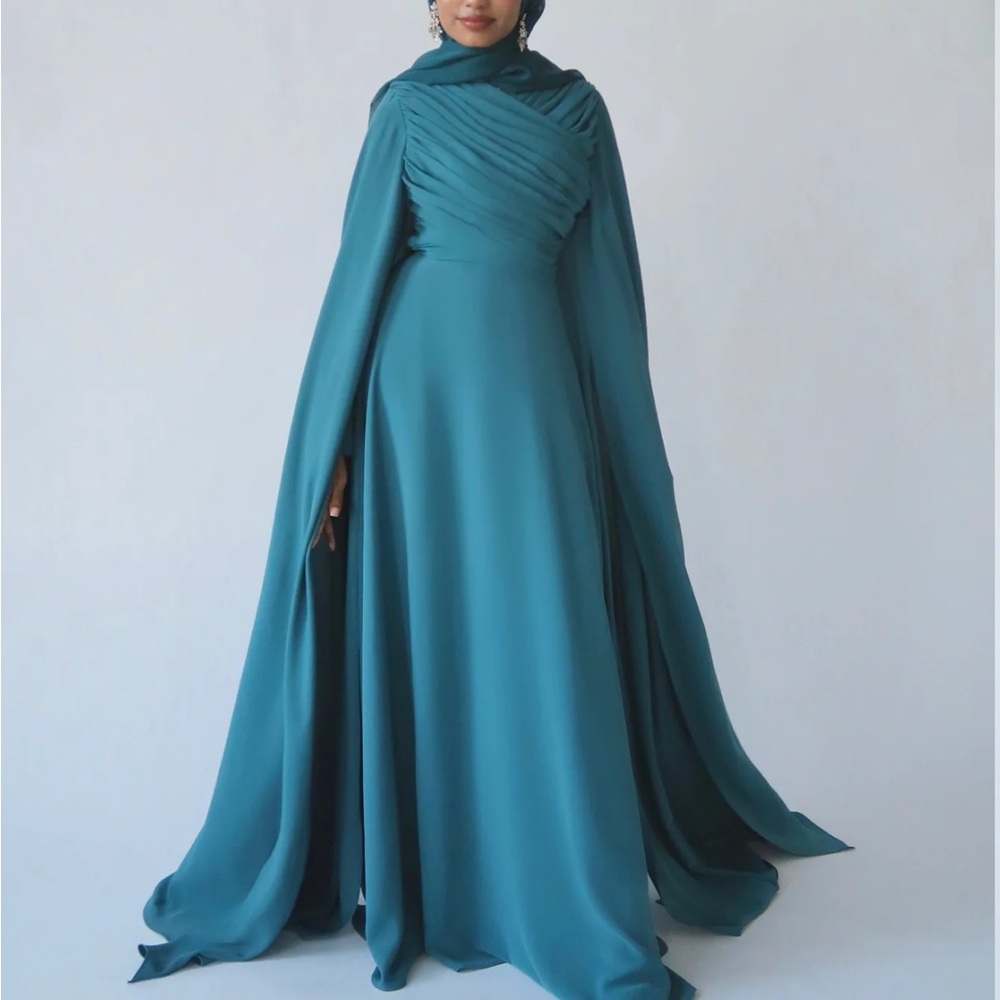 SUMMER EVENINGS Deep Teal Cape Sleeve Gown